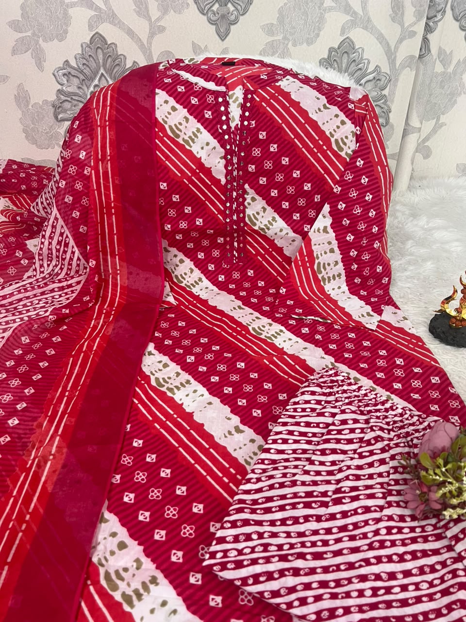 Traditional Lehriya Mix Bandhani Cotton Kurta Set