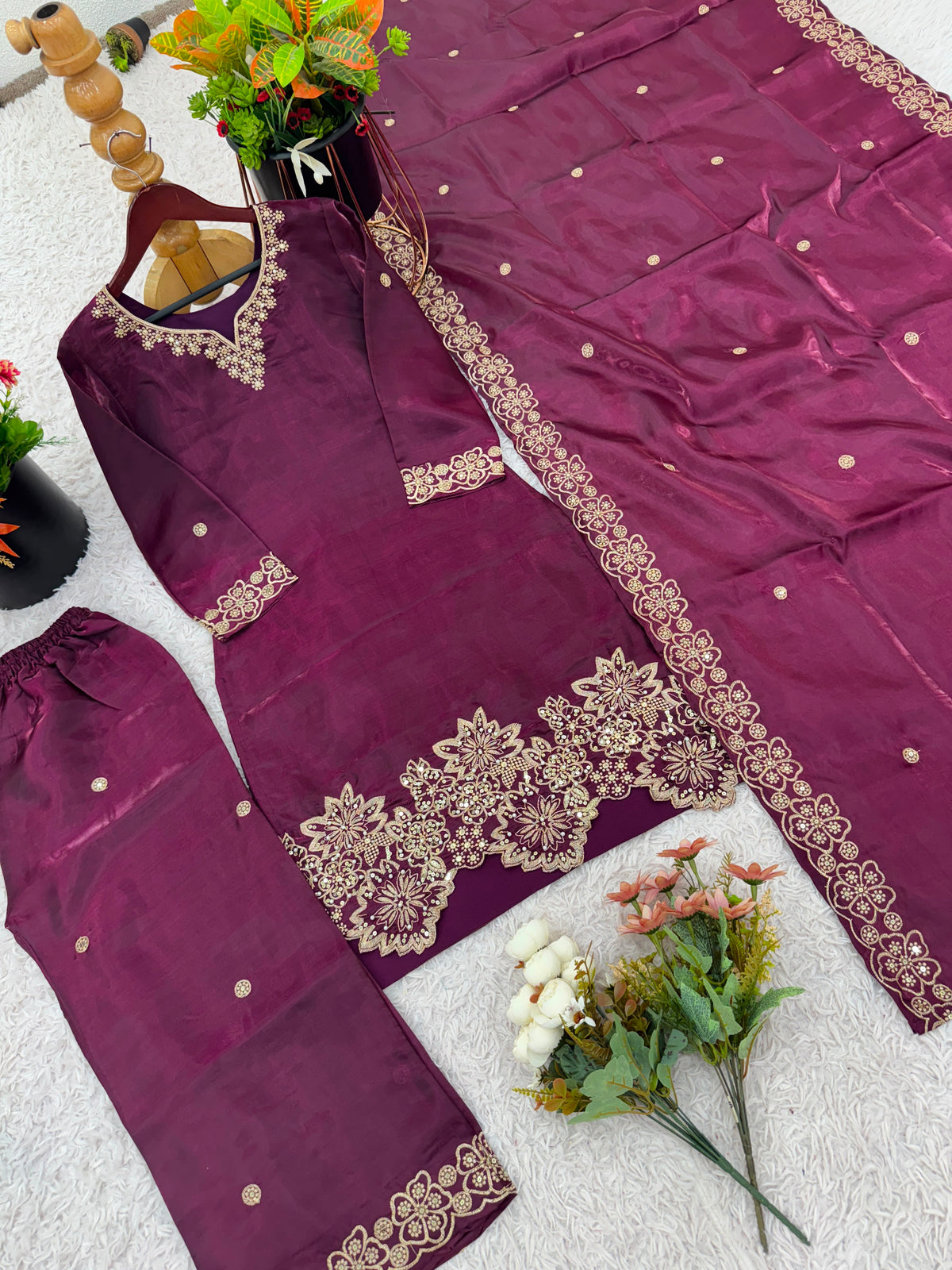 Elegant Silk Embroidered Sequined Kurta Set