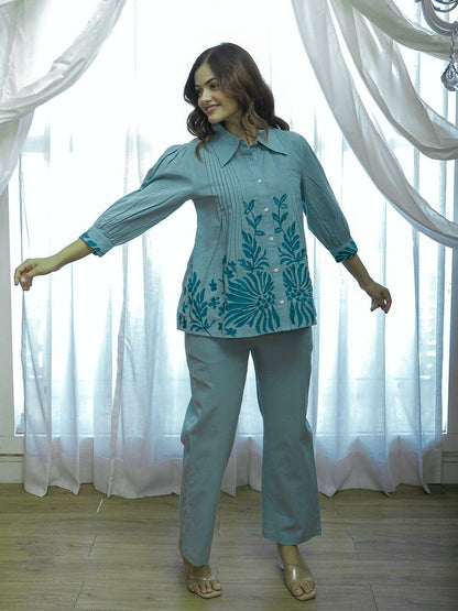 Premium Shirt-style Embroidered Cotton Co-ord Set