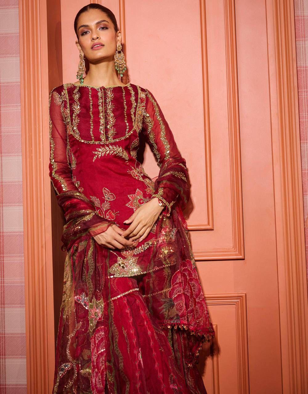 Exquisite Red Organza Short Kurti & Sharara Set