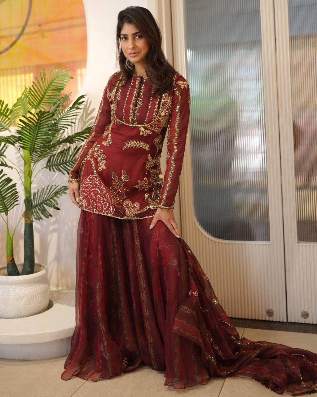 Exquisite Red Organza Short Kurti & Sharara Set