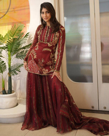 Exquisite Red Organza Short Kurti & Sharara Set