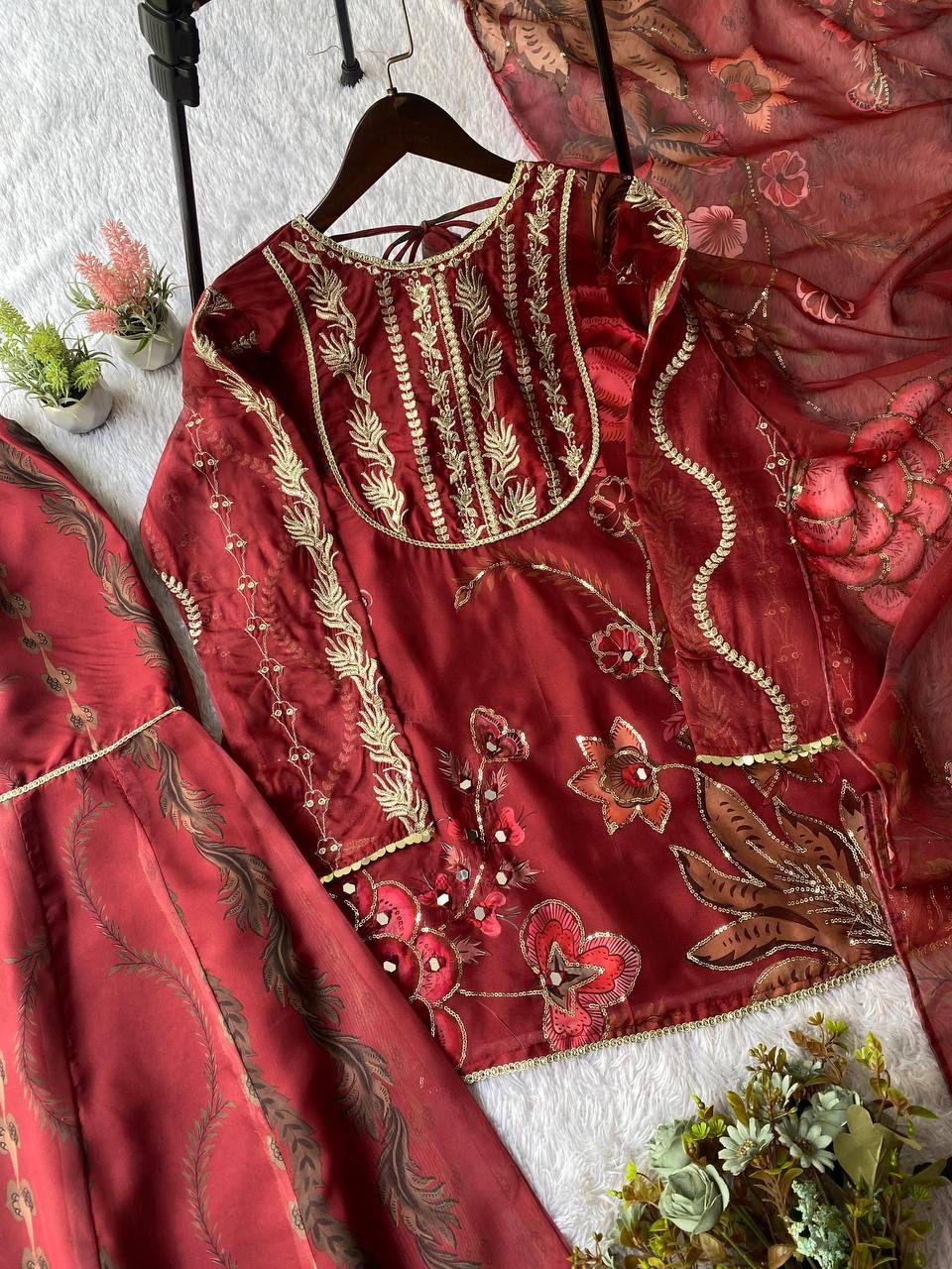 Exquisite Red Organza Short Kurti & Sharara Set