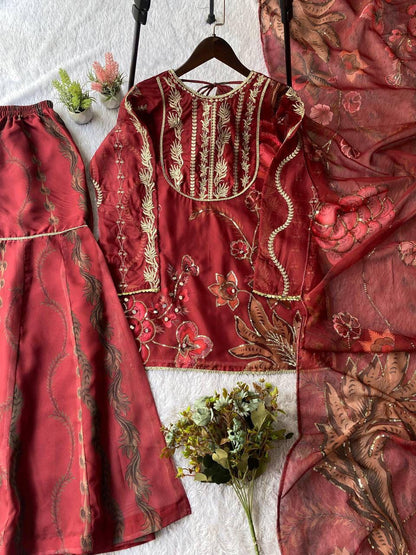 Exquisite Red Organza Short Kurti & Sharara Set
