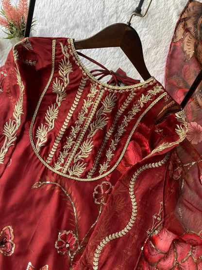 Exquisite Red Organza Short Kurti & Sharara Set
