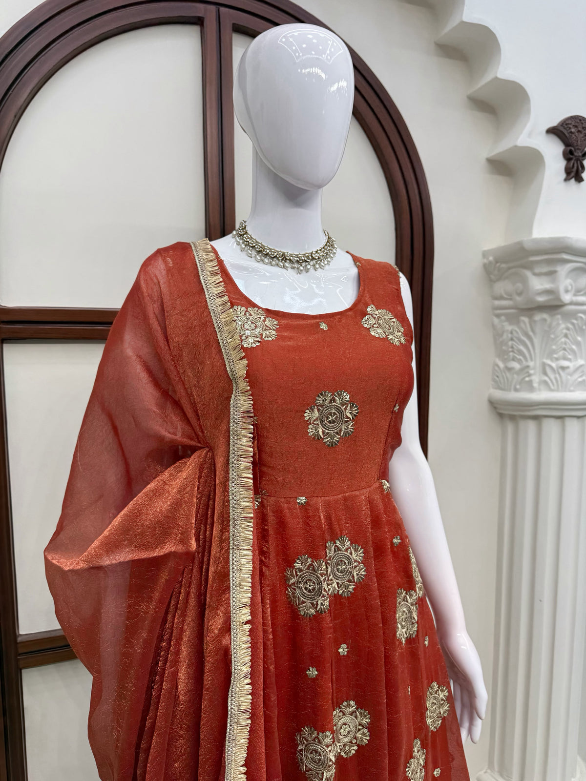 Premium Rust Silk 3-piece Anarkali Set