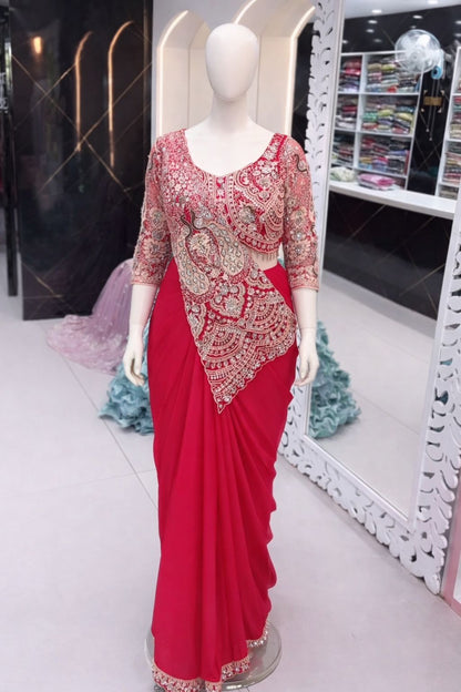 Super Trending Red Sequence Work Ready-to-Wear Saree