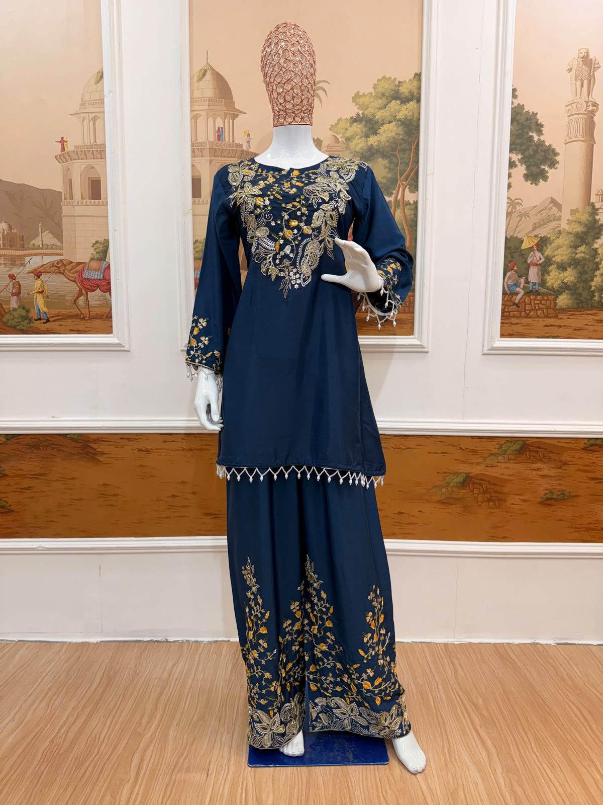 Stylish Blue Embroidered 2-piece Set With Cut Dana Work