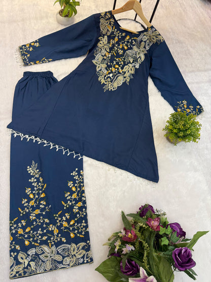 Stylish Blue Embroidered 2-piece Set With Cut Dana Work