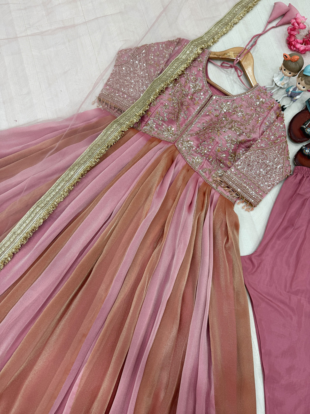 Elegant Embroidered Silk 3-Piece Gown Set