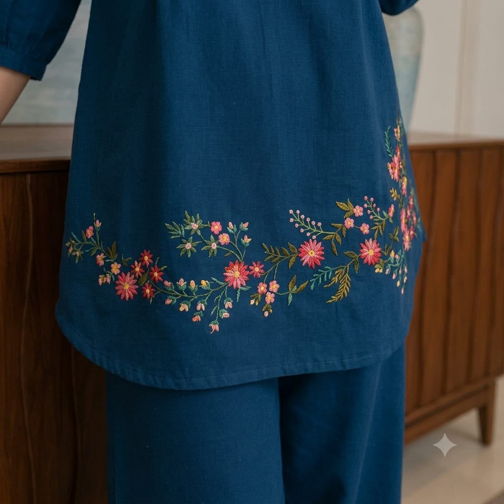 Elegant Blue Embroidered Cotton Co-ord Set