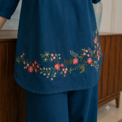 Elegant Blue Embroidered Cotton Co-ord Set