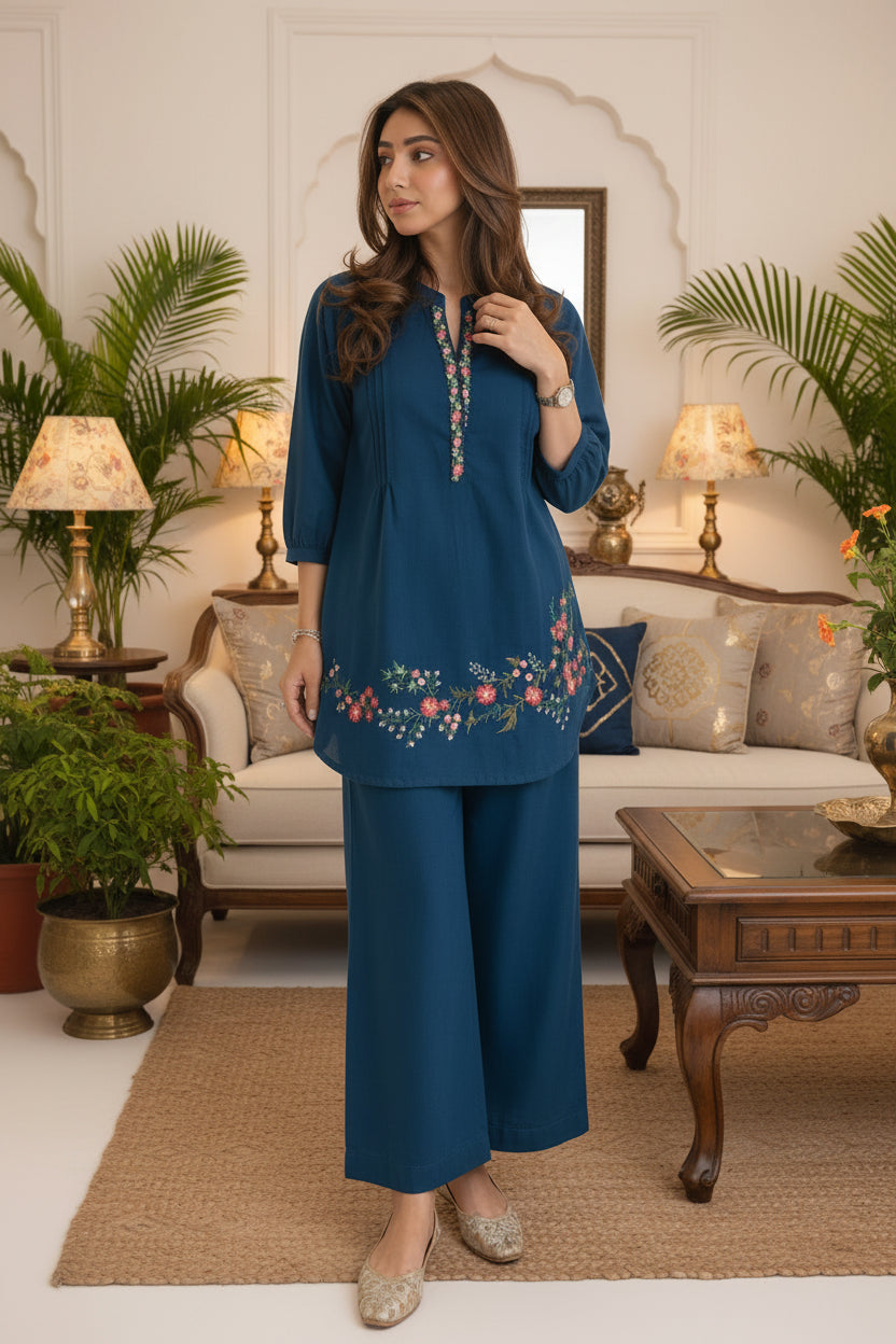 Elegant Blue Embroidered Cotton Co-ord Set