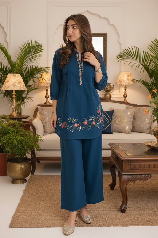 Elegant Blue Embroidered Cotton Co-ord Set