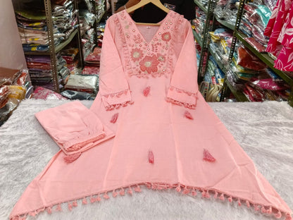 Stylish Pink Embroidered Cotton Co-ord Set