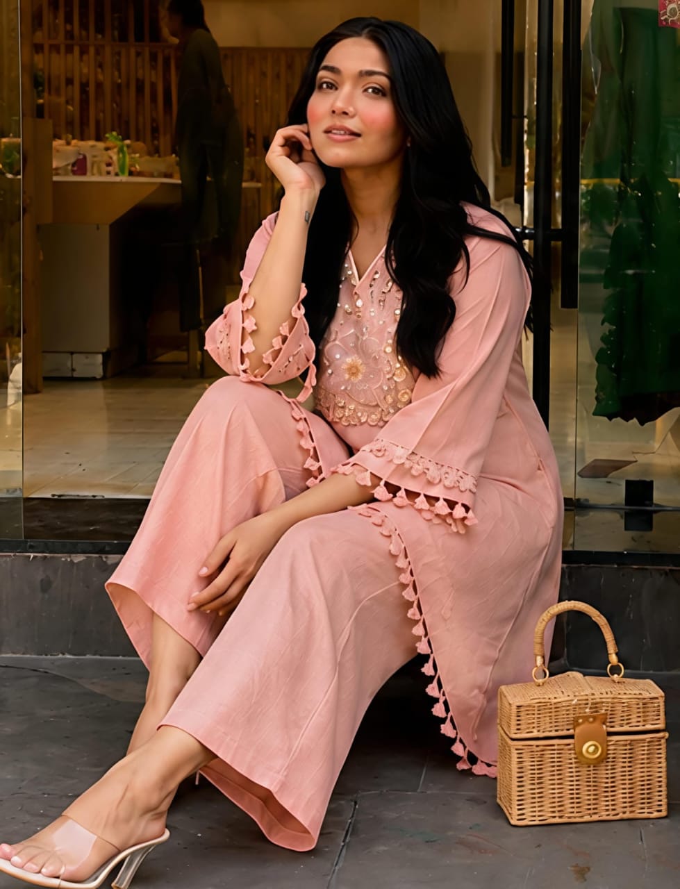 Stylish Pink Embroidered Cotton Co-ord Set