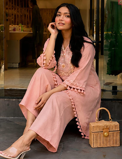 Stylish Pink Embroidered Cotton Co-ord Set