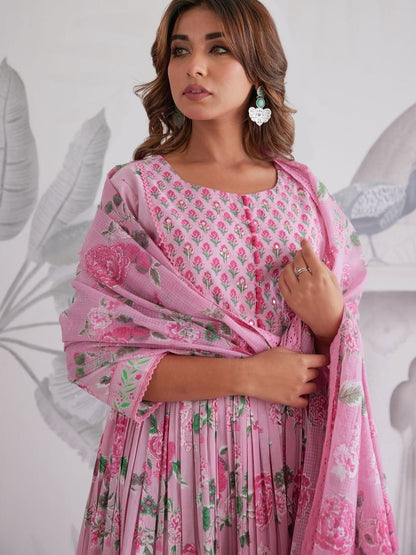 Pink Floral Anarkali Cotton Kurta Set