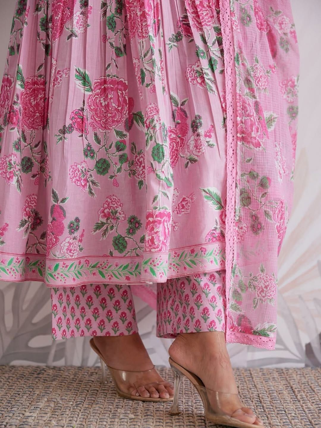 Pink Floral Anarkali Cotton Kurta Set