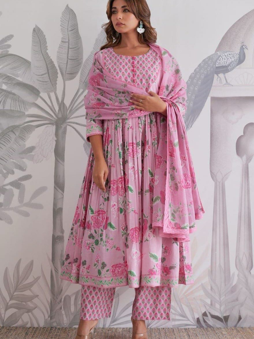 Pink Floral Anarkali Cotton Kurta Set