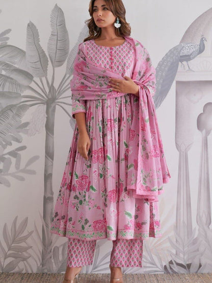 Pink Floral Anarkali Cotton Kurta Set