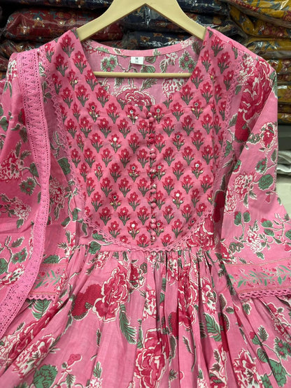 Pink Floral Anarkali Cotton Kurta Set