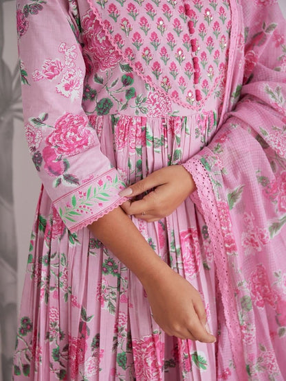 Pink Floral Anarkali Cotton Kurta Set