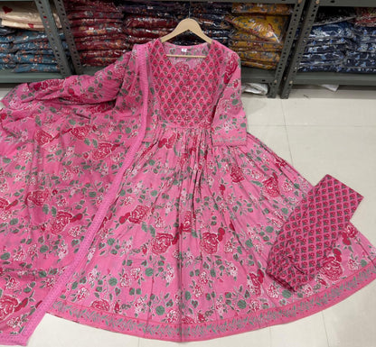 Pink Floral Anarkali Cotton Kurta Set