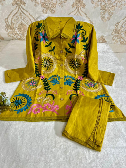 Elegant Solid Embroidered Co-ord Set