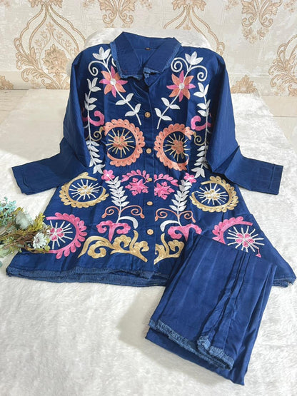 Elegant Solid Embroidered Co-ord Set