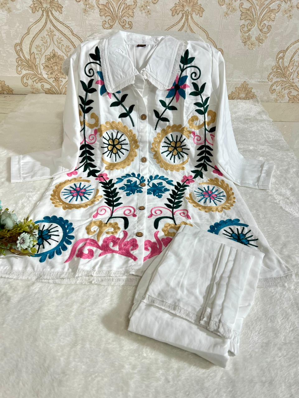 Elegant Solid Embroidered Co-ord Set