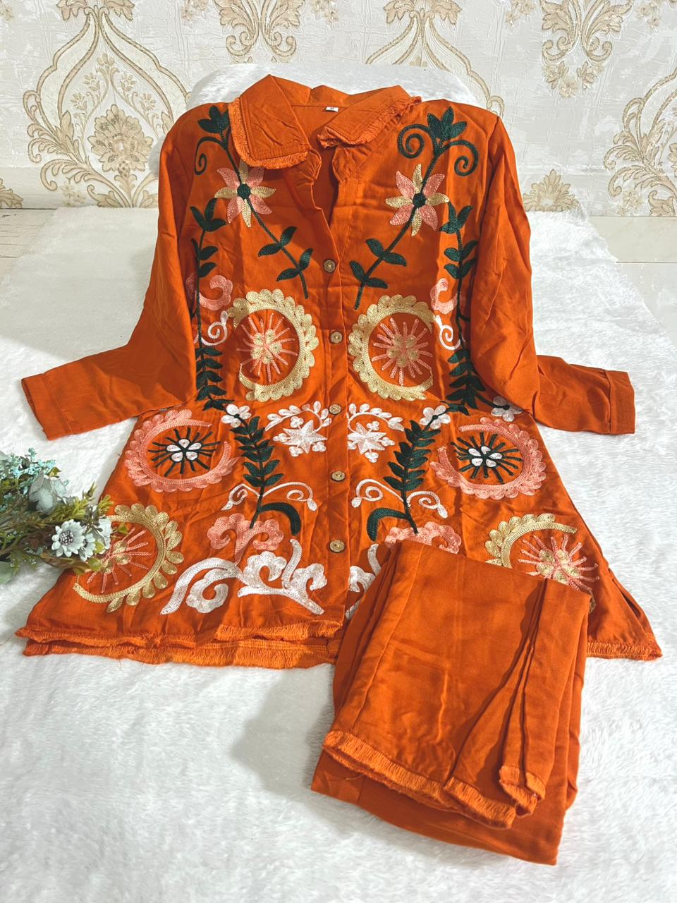 Elegant Solid Embroidered Co-ord Set