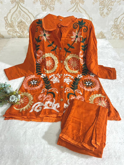 Elegant Solid Embroidered Co-ord Set