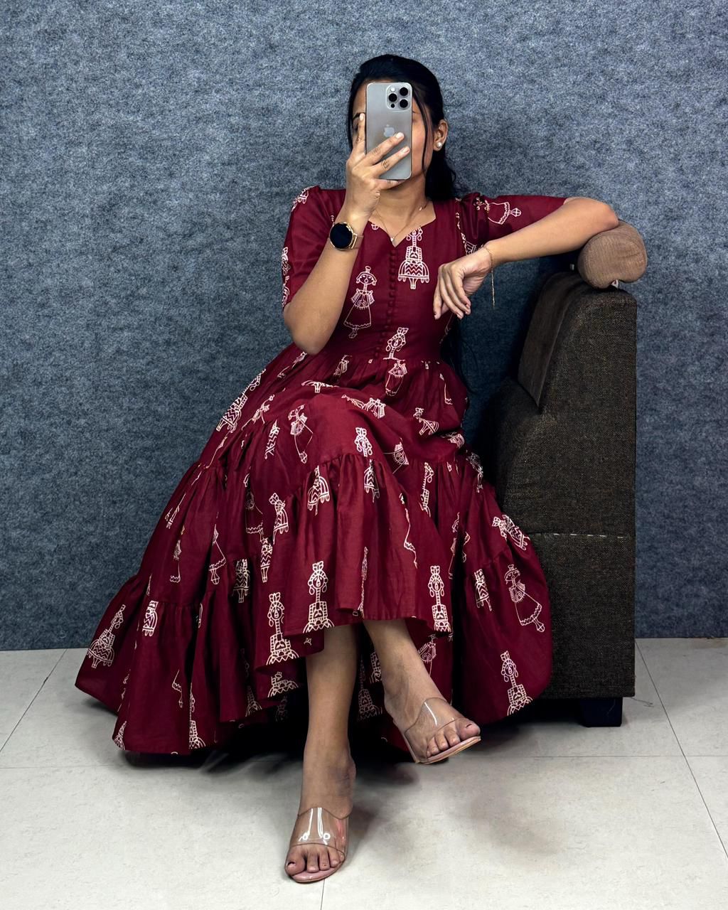 Warli Art Hand Block Cotton Maxi Dress