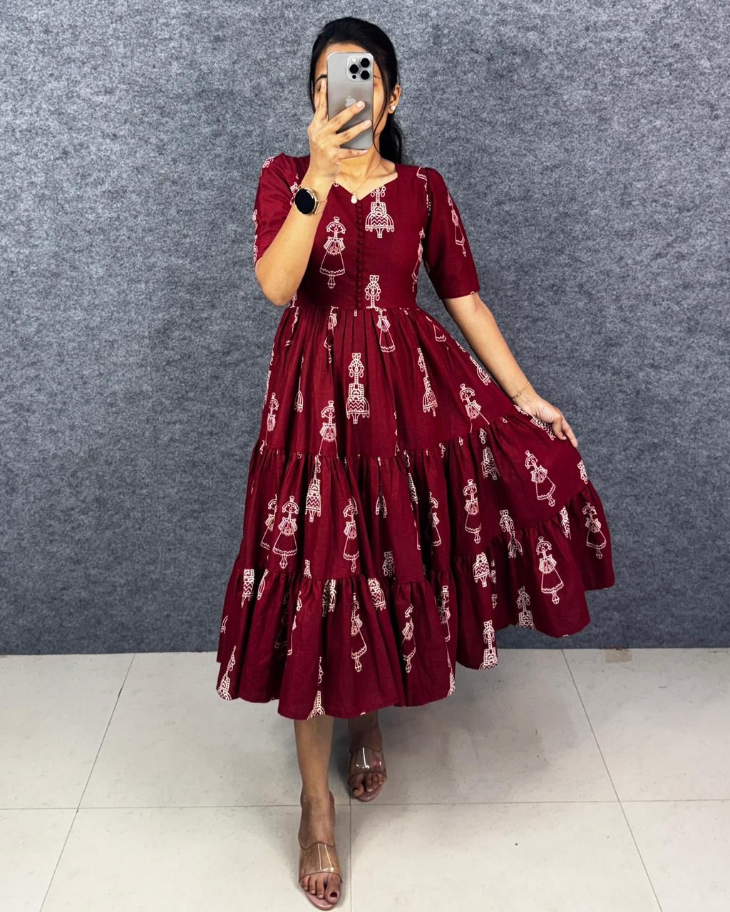 Warli Art Hand Block Cotton Maxi Dress