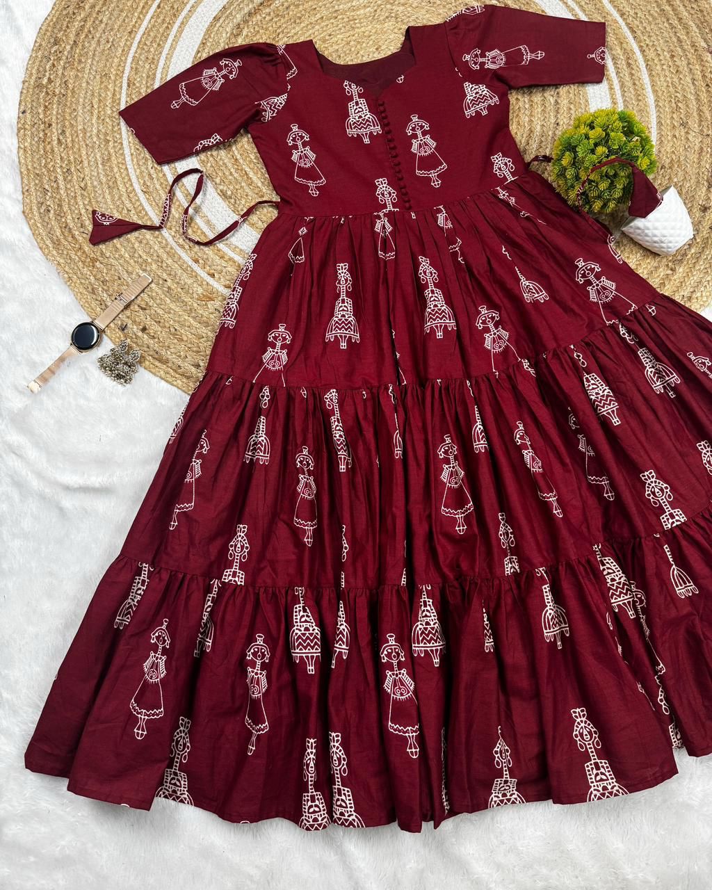 Warli Art Hand Block Cotton Maxi Dress