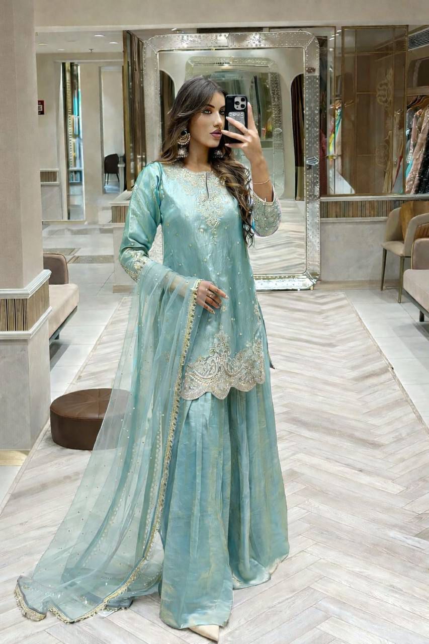Designer Party Wear Top Palazzo And Dupatta Set