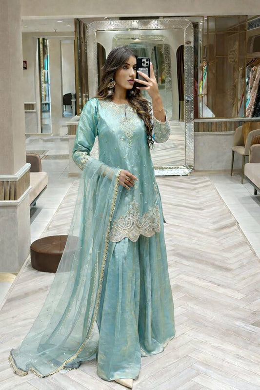 Designer Party Wear Top Palazzo And Dupatta Set