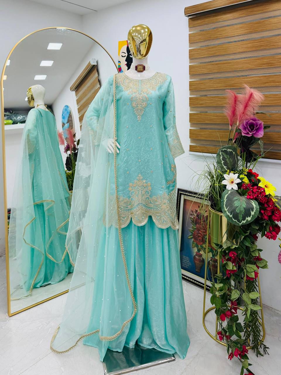Designer Party Wear Top Palazzo And Dupatta Set