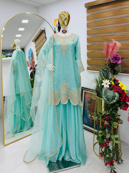 Designer Party Wear Top Palazzo And Dupatta Set