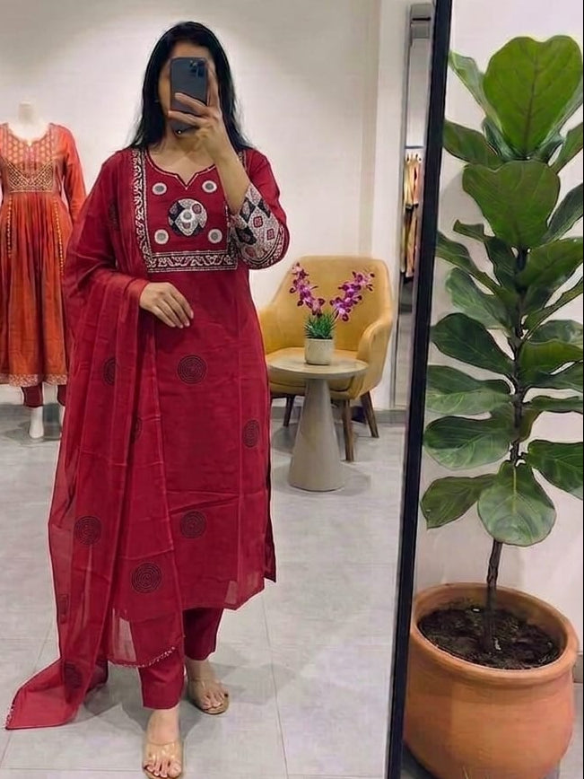 Elegant Maroon Mirror Work Cotton Kurta Set