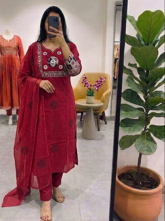Elegant Maroon Mirror Work Cotton Kurta Set