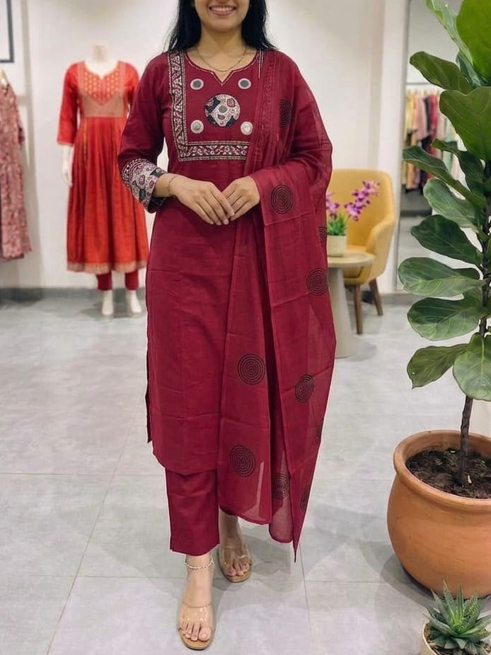Elegant Maroon Mirror Work Cotton Kurta Set