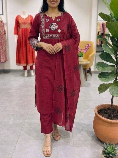 Elegant Maroon Mirror Work Cotton Kurta Set