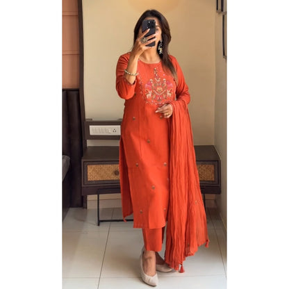 Summer Ornge Embroidered Cotton Kurta Set
