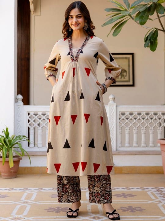 Stylish Ajrakh Print Pure Cotton Kurta Set