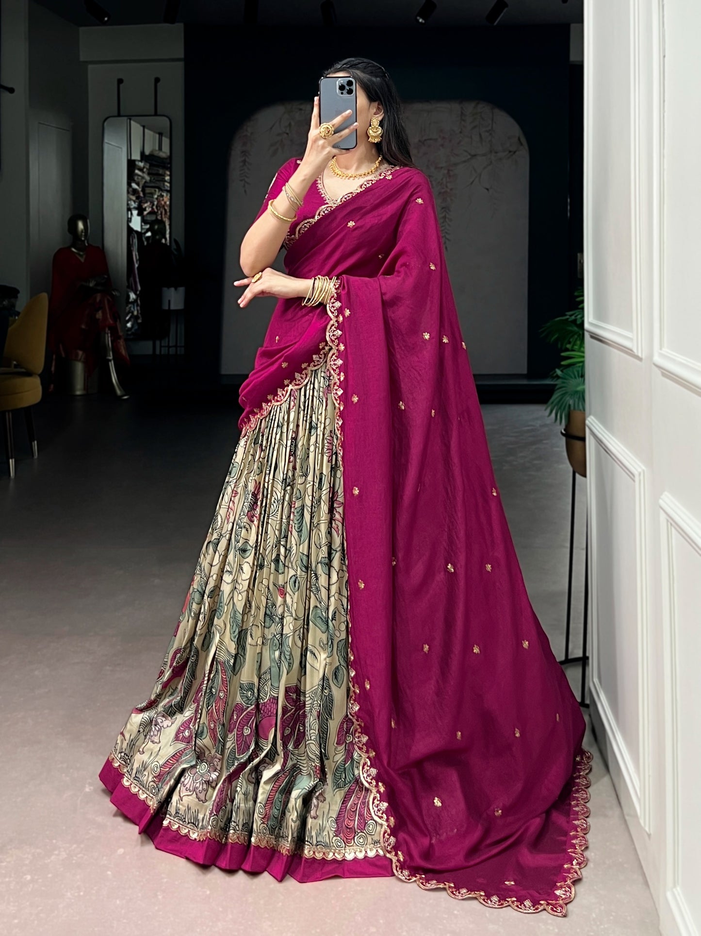 Designer Tasar Silk Kalamkari Lehenga Set