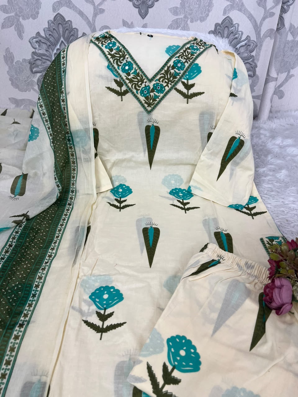 Premium Printed Cotton Kurta Set With Intricate Handwork