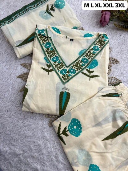 Premium Printed Cotton Kurta Set With Intricate Handwork