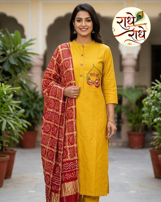 Radhe Radhe Chanderi Muslin Kurti With Chinon Dupatta